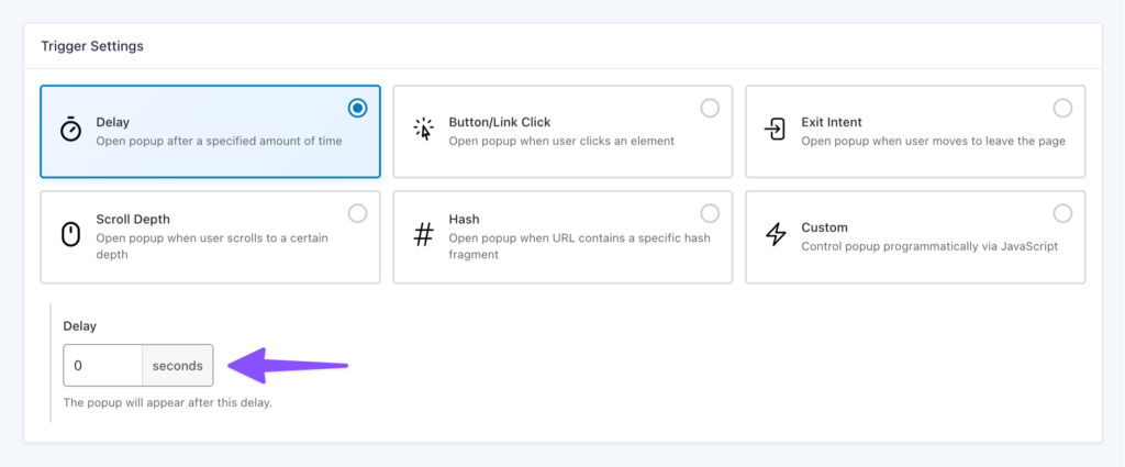 GP Popups Trigger Settings tab with Delay selected as the trigger type and the delay value set to 0 seconds.