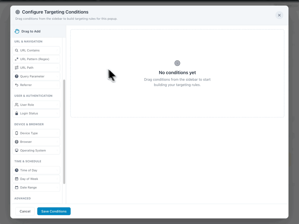 The Configure Targeting Conditions window opens as a user drags the URL Contains condition into the conditions area and types the text 'blackfriday2026'.