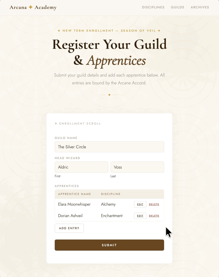 A parent form with two child entries already added to a table. A user clicks Add Entry, fills out the child form fields in a modal, and a new row appears in the table below.