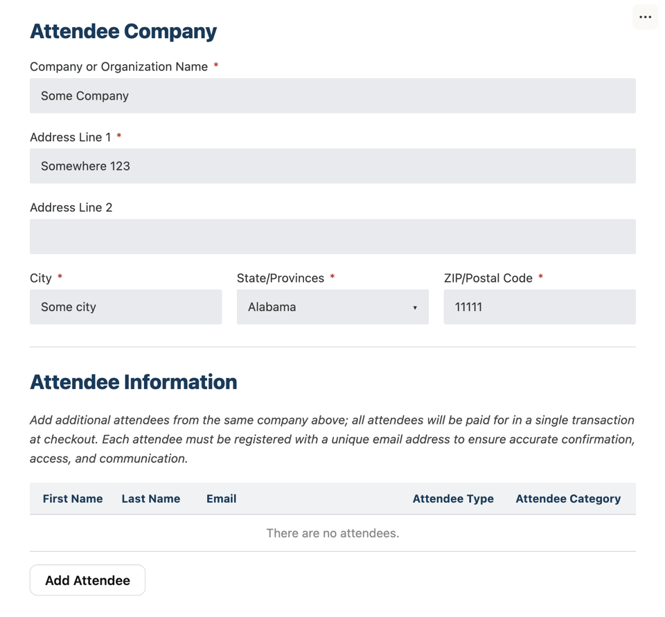 User clicks “Add Attendee” on the parent form, enters attendee details in the child form, and sees the entry appear as a line item in the parent form.