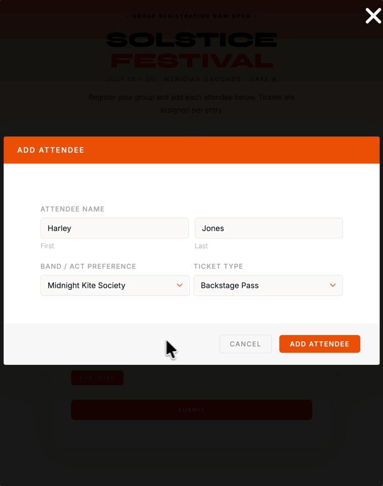 A modal form opens over a registration page with attendee fields pre-filled. The user submits the entry, then edits an existing row in the table by reopening the modal and updating a field.