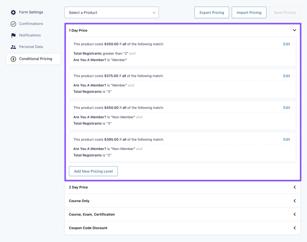 Shows GP Conditional Pricing rules in Gravity Forms with different prices for members and non-members based on total registrant count.