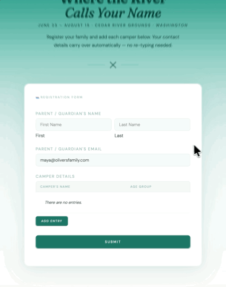 A registration form where the user's contact details entered in the parent form are automatically pre-filled as the emergency contact in the child form modal.