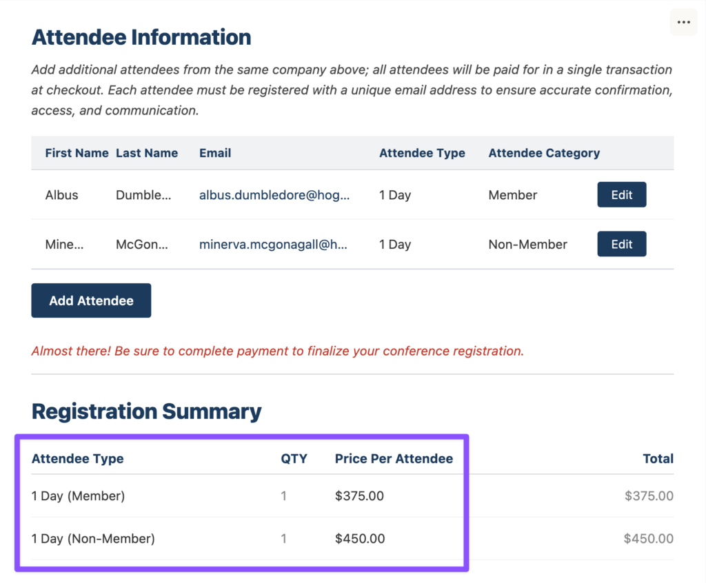 Registration summary shows two attendees, a Member at $375.00 and a Non-Member at $450.00, with prices automatically applied based on membership status.