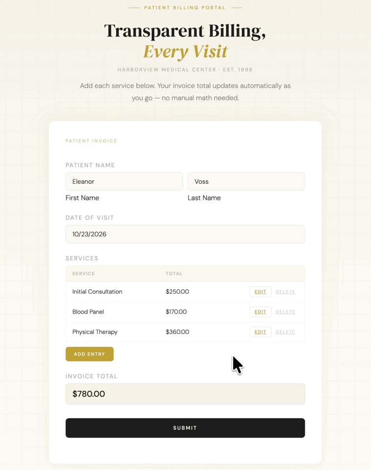 A patient invoice form with child entries for medical services, each showing a line total. As entries are added, the Invoice Total field at the bottom of the parent form updates automatically to reflect the running sum.