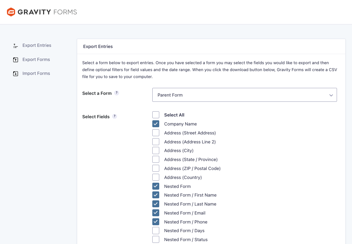 Gravity Forms Export Entries settings with a handful of fields selected — ready for exporting.