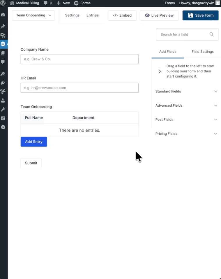 The Gravity Forms field settings panel showing a modal header color picker set to electric violet. The frontend modal opens reflecting that exact color in the header.