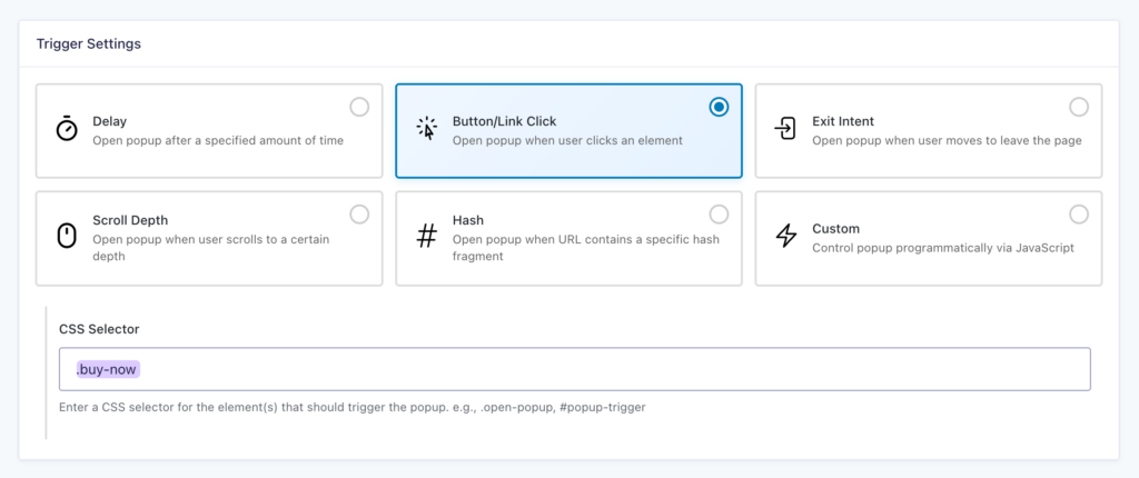 GP Popups feed showing the Button/Link Click trigger selected with the '.buy-now' CSS class on the CSS Selector field.