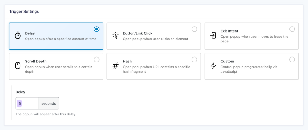 GP Popups feed showing the Delay trigger selected with 5 seconds delay value.