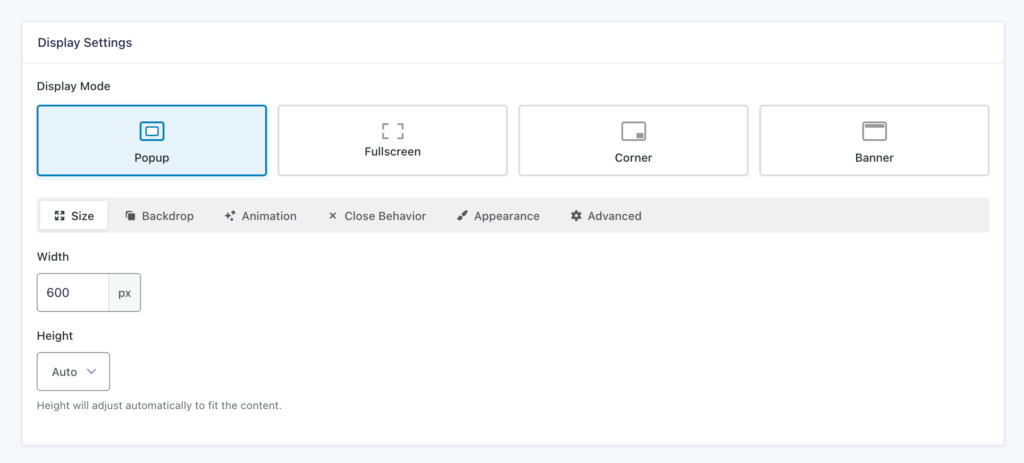 GP Popups Display Settings tab showing Popup selected as the display mode.