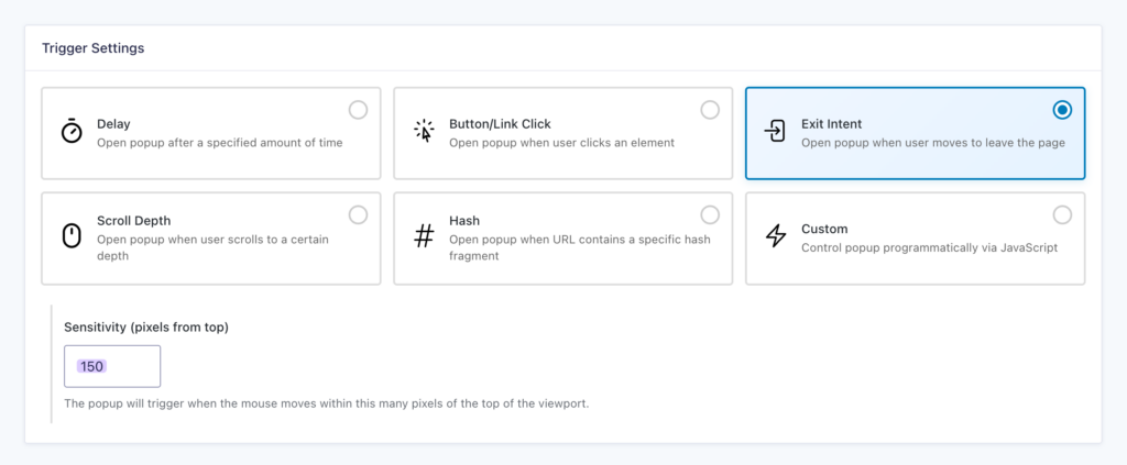 GP Popups feed showing the Exit Intent trigger selected with the Sensitivity setting set to 150.