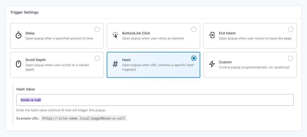 GP Popups feed showing the Hash trigger selected with the Hash Value field set to 'book-a-call'.