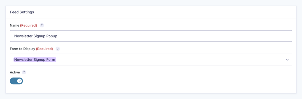GP Popups feed creation screen with the newsletter signup form selected from the dropdown.