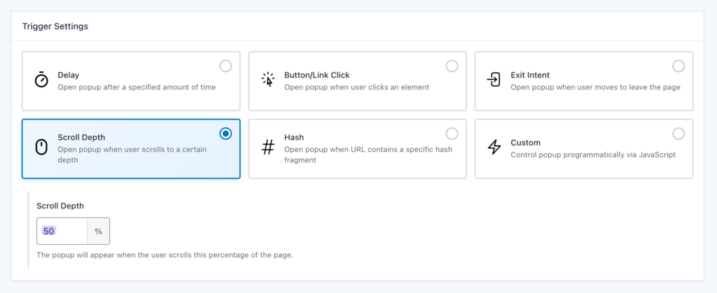GP Popups feed showing the Scroll Depth trigger set to 50%.