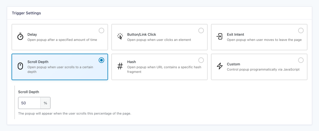GP Popups Trigger Settings tab showing Scroll Depth selected as the trigger type.