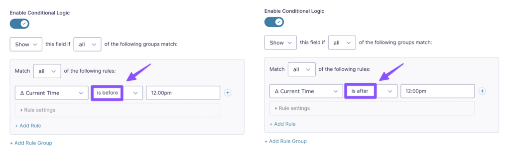 GPACL conditional logic rules showing 'Δ Current Time is before 12:00pm' (morning) and 'Δ Current Time is after 12:00pm' (afternoon)