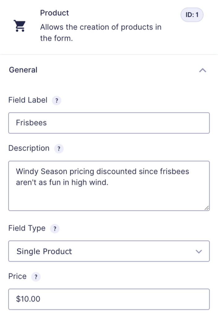 Product field settings for 'Frisbees' showing a Single Product field type priced at $10.00 with a field description.