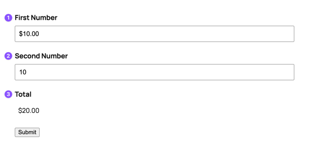 Two number fields are added in order, and the sum appears in the third field.