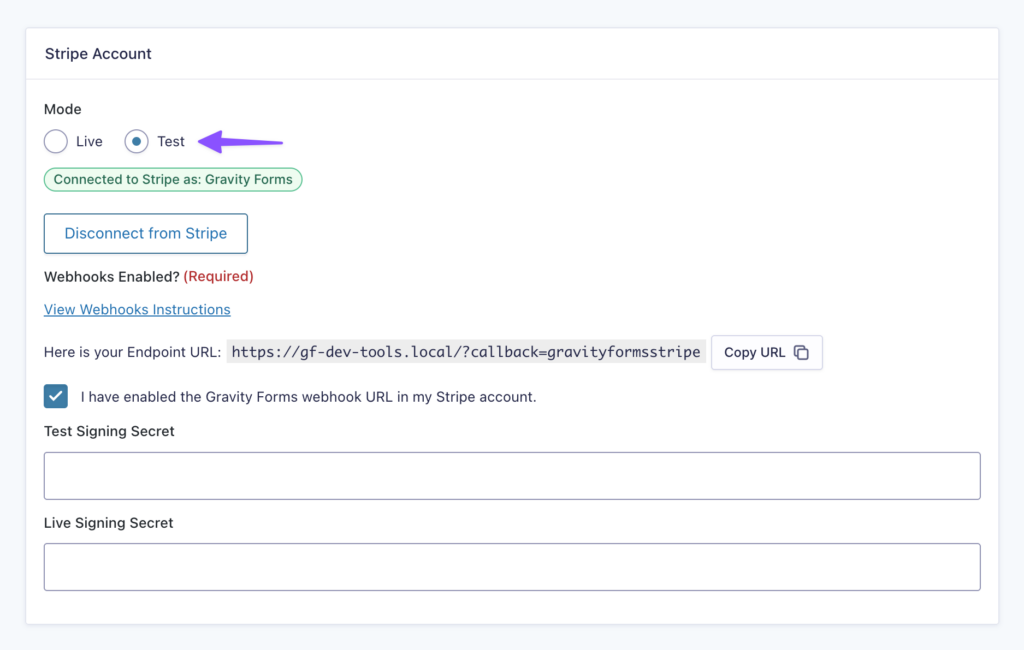 The Stripe add-on feed is in test mode.