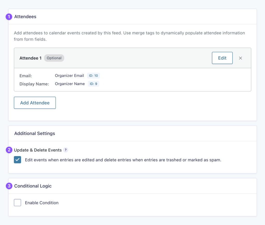 Attendee, Additional Settings, and Conditional Logic sections in the Gravity Connect Google Calendar feed settings.