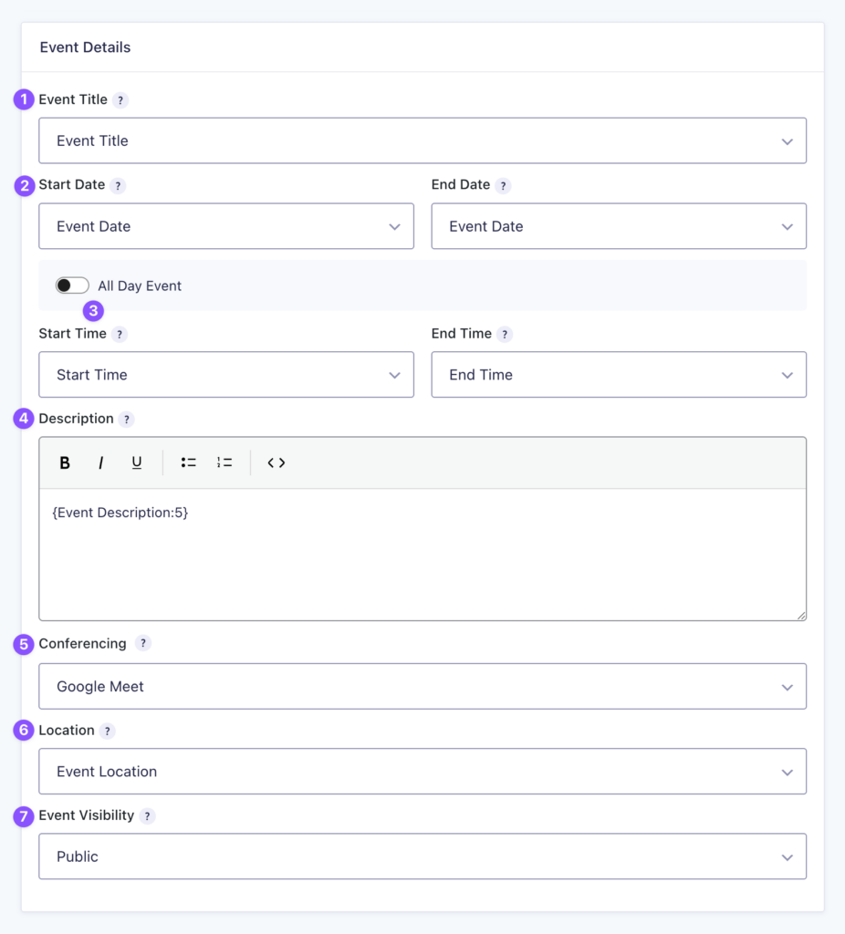Event details section in the Gravity Connect Google Calendar feed settings.