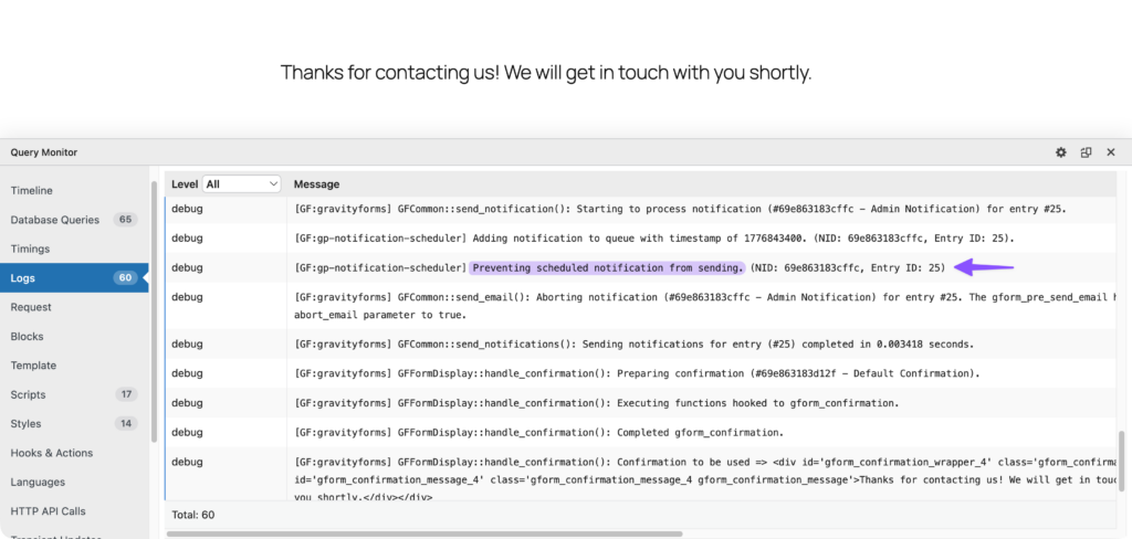 Query Monitor logs show GP Notification Scheduler delays the notification from sending.
