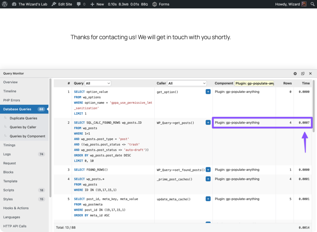 The Query Monitor panel open after form submission, with the Database Queries tab filtered by GP Populate Anything, showing its queries and execution times.