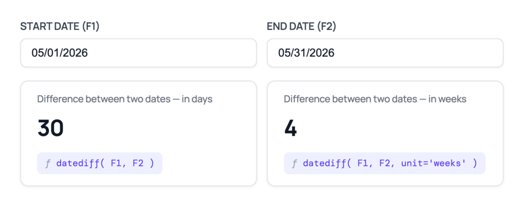 datediff() returning 30 days and 4 weeks between May 1 and May 31, 2026
