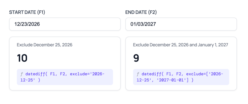 datediff() with exclude returning 10 and 9 days after excluding holidays