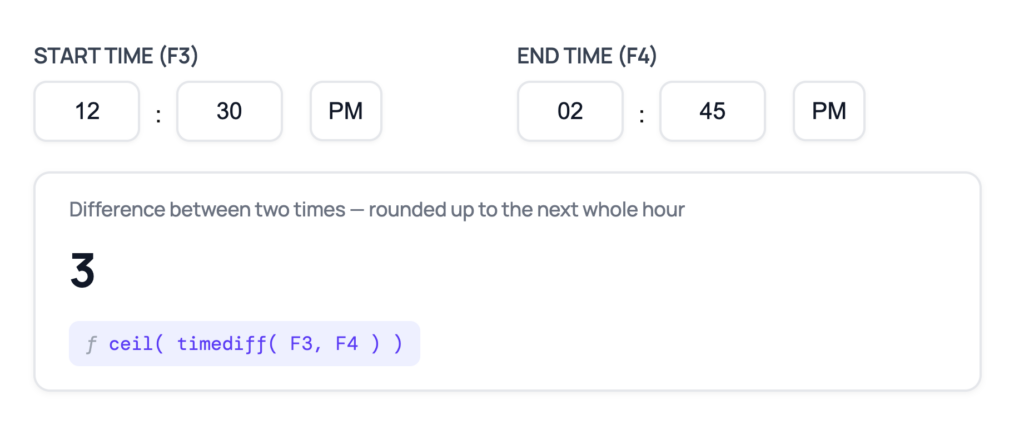 ceil( timediff() ) returning 3 hours rounded up from 12:30 PM to 2:45 PM