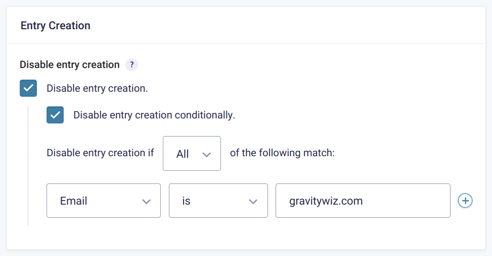 Disable entry creation conditional logic setting