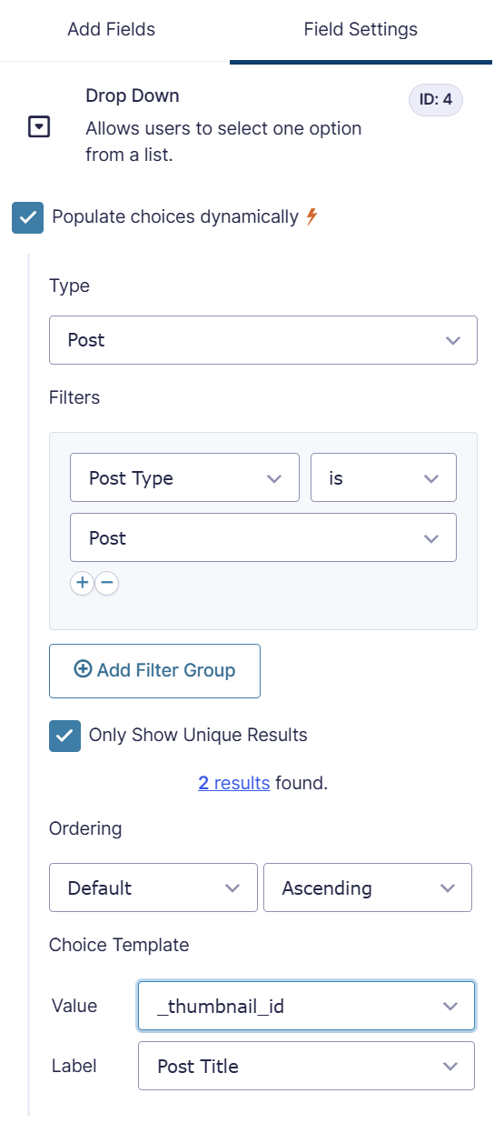 Screenshot of field settings