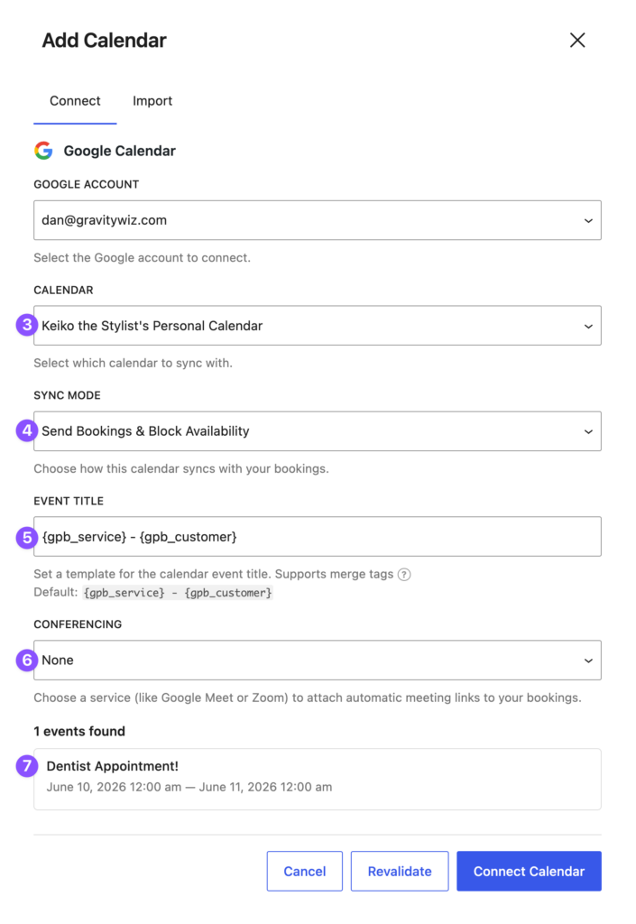 The GC Google Calendar setup screen in Gravity Forms settings.