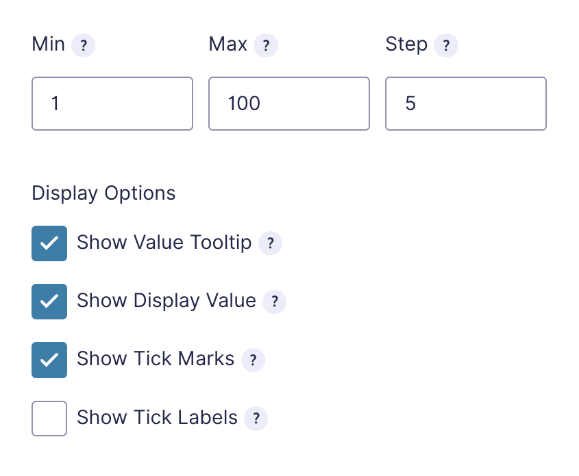 Slider settings for Min, Max, Step, and display options.
