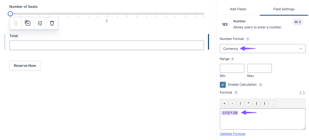 Gravity Forms calculation field showing a formula using the slider field value.