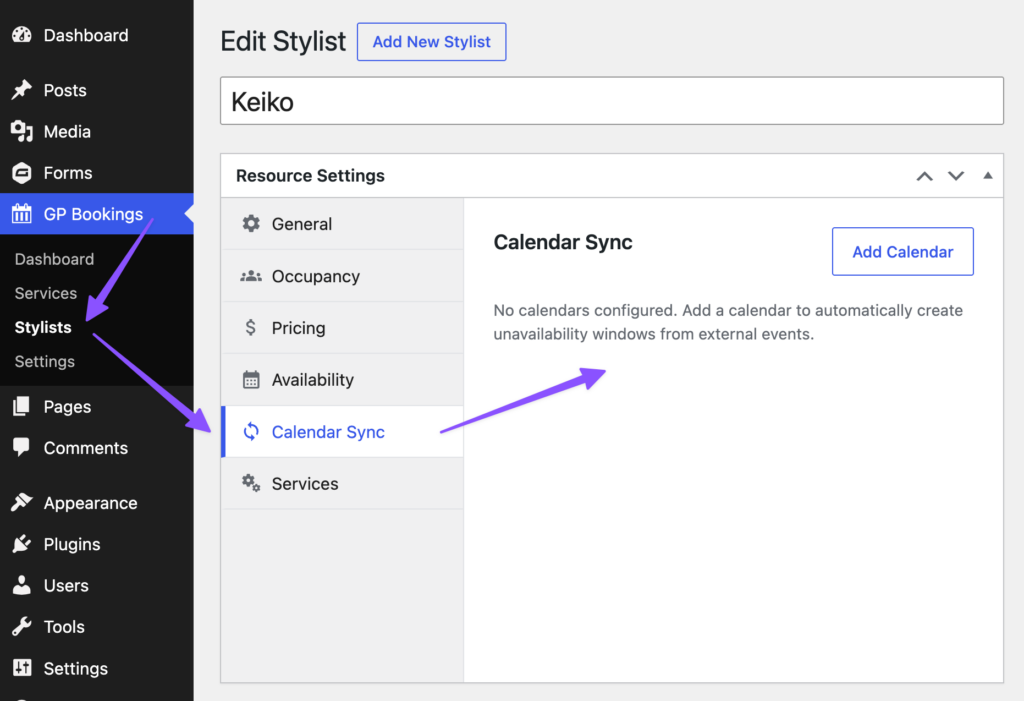 A GP Bookings resource (stylist) with Calendar Sync open, ready to add a calendar.
