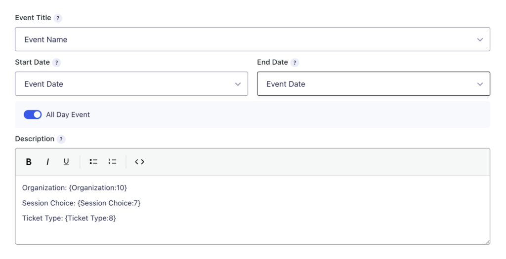 GC Google Calendar feed settings with event title, dates, and description mapped to form fields.
