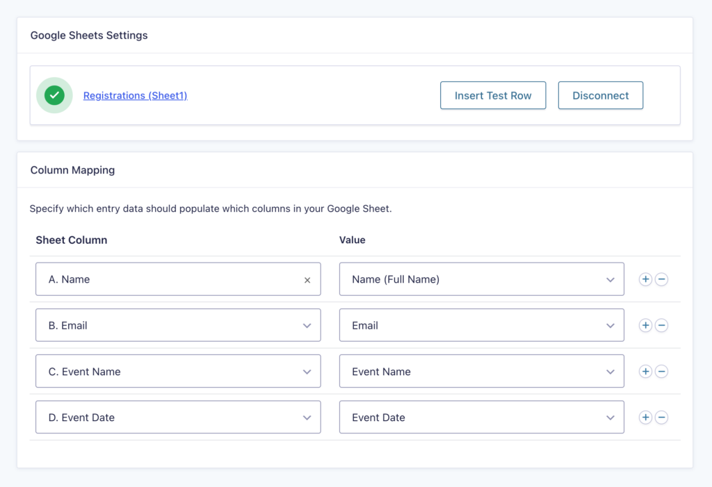GC Google Sheets column mapping settings with form fields mapped to spreadsheet columns: name, email, event name, and event date.