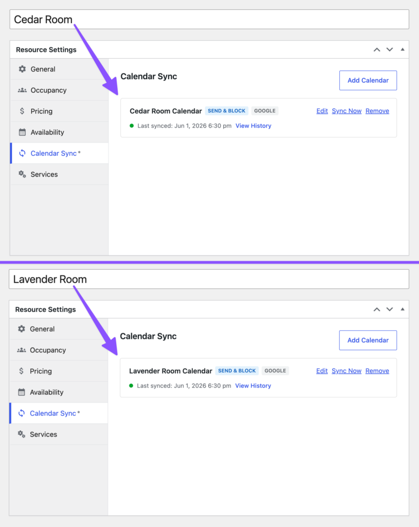 Two treatment room resources each connected to a separate Google Calendar.