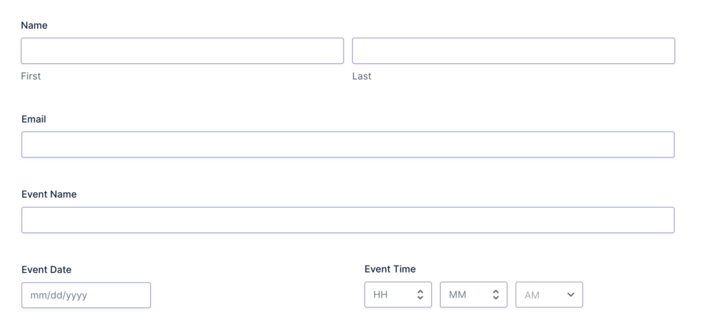 Registration form in Gravity Forms with fields for name, email, event name, date, and time.
