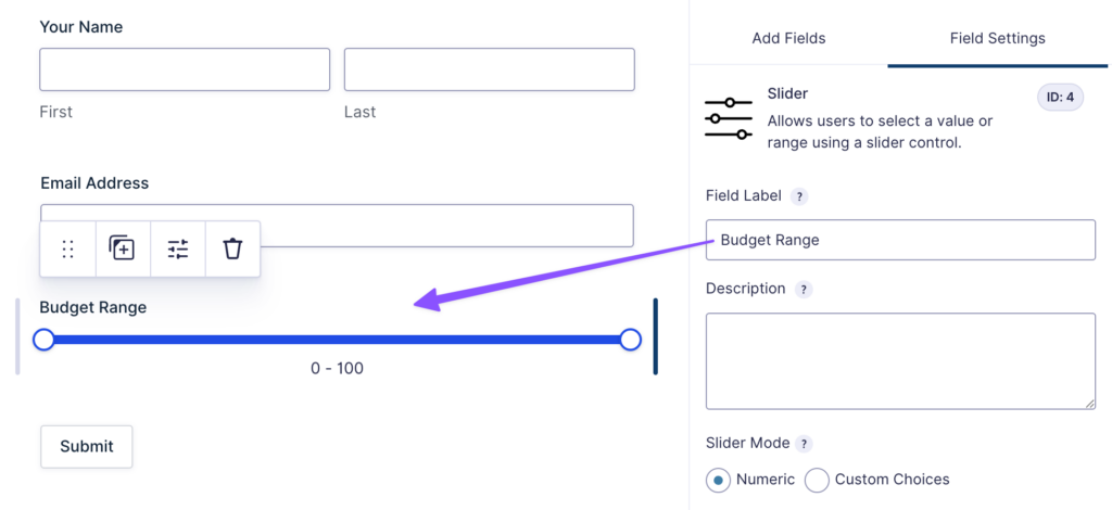 Form editor with the Slider field selected, labeled 'Budget Range'.