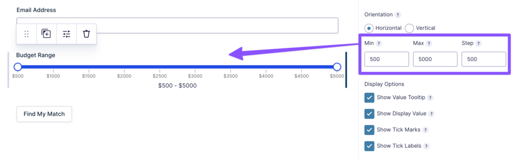 A Slider field configured with Min 500, Max 5,000, and Step 500.