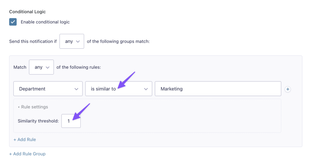 Forms notification conditional logic using the 'is similar to' operator on a Department field, matching 'Marketing' with a similarity threshold of 1.