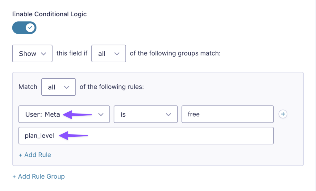 Gravity Forms conditional logic rule set to User: Meta, is, free, with meta key plan_level