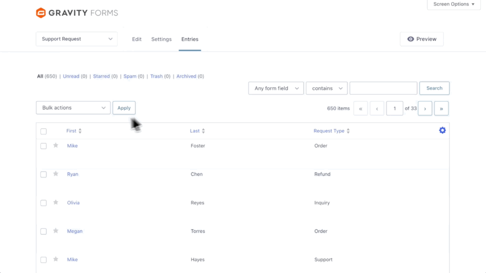 Gravity Forms Entries screen showing a list of Support Request submissions with a Bulk actions dropdown open above them.