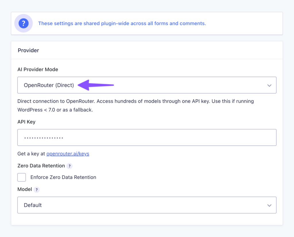 OpenRouter connection settings in Spam Hexer’s AI Provider tab, with API Provider Mode set to OpenRouter (Direct).