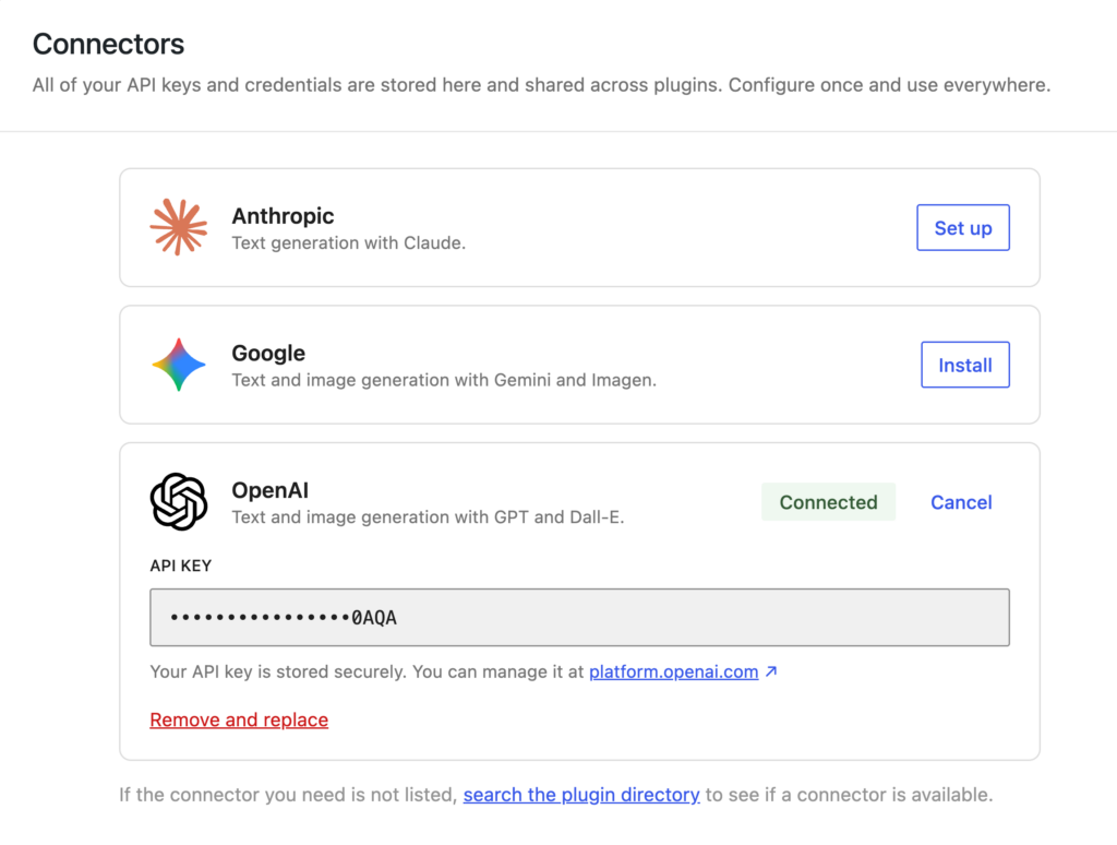 WordPress Connectors settings showing Anthropic, Google, and OpenAI as available AI providers.