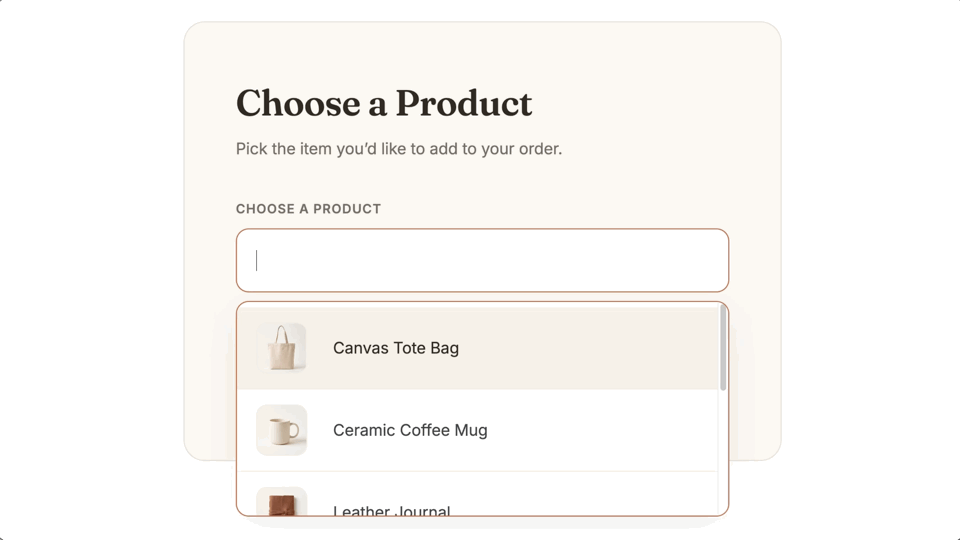 Browsing a product dropdown with a photo shown next to each item