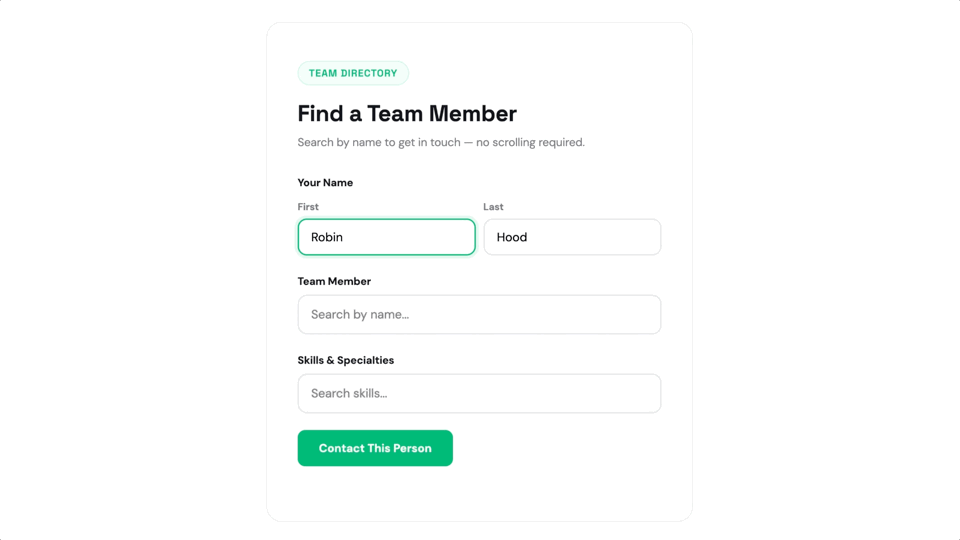 Typing to search and select a team member from a searchable dropdown using only the keyboard