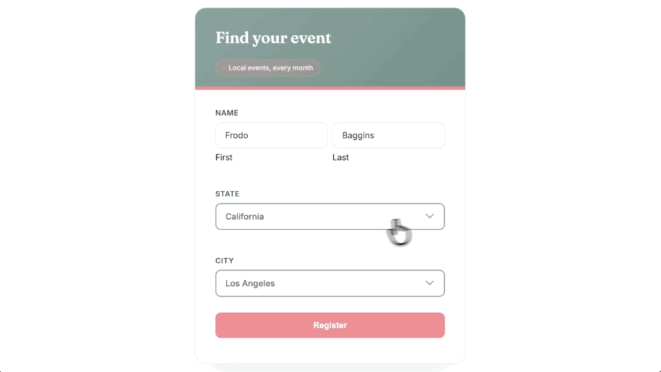Event registration form where selecting a state filters the city dropdown to show only matching cities